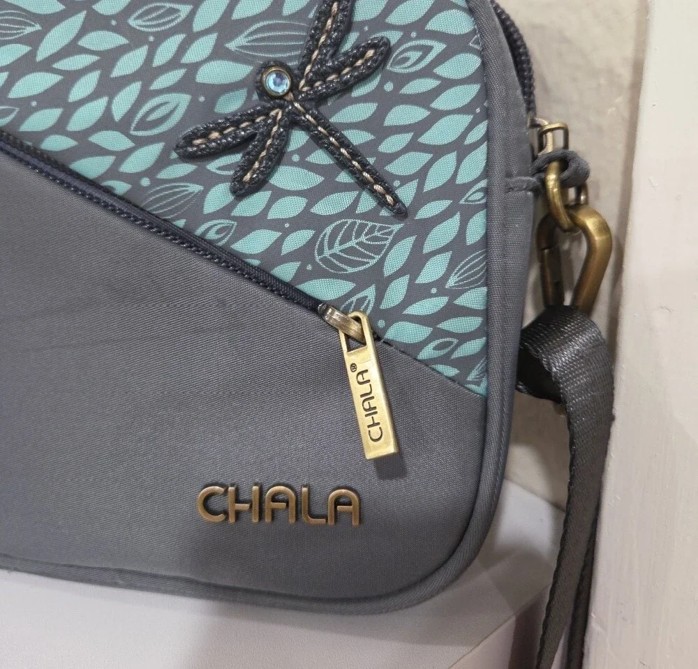 Chala Venture Gray & Teal Leaf Accent Crossbody Bag With Dragonfly